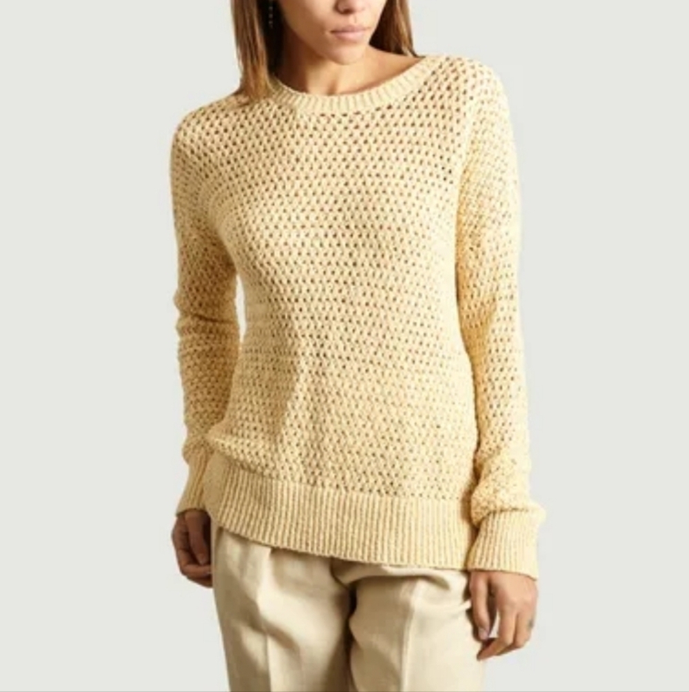Theory Cutout Open Knit Pullover Sweater Small Cotton Crochet Butter Yellow